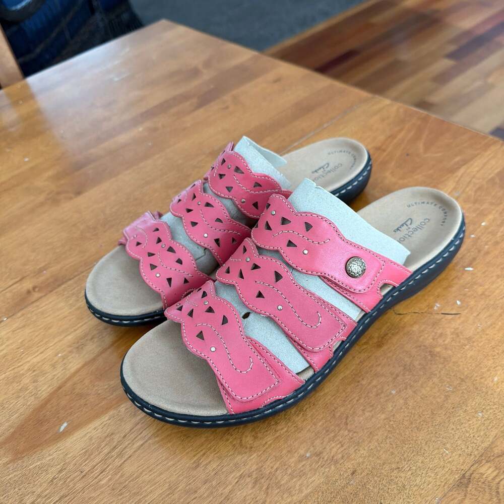 Clarks Collection Laurieann Ruby Red Leather Laser-Cut Slide Sandals